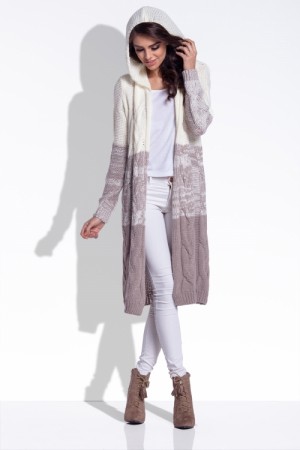 Cardigan de dama lung tricotat cu gluga ecru
